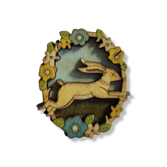 Handmade Painted Wood Shadow Box Bunny Brooch - Picture 1 of 3